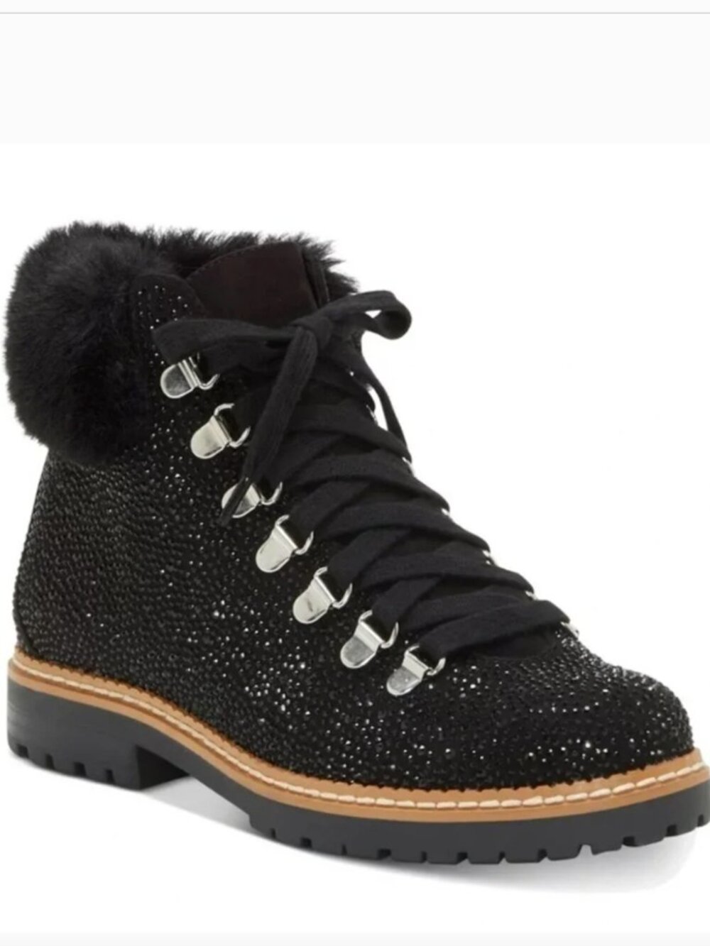 INC International Concepts Pravale black bling fur hiking ankle boots, size 10 M
